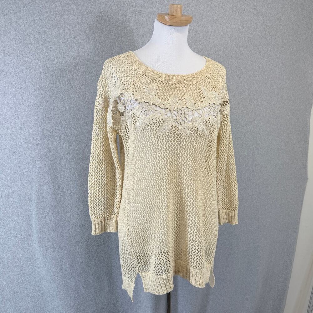 WD.NY Womens M Ivory Crochet Top Lace Floral Open Knit Tunic Sweater Boho NWT